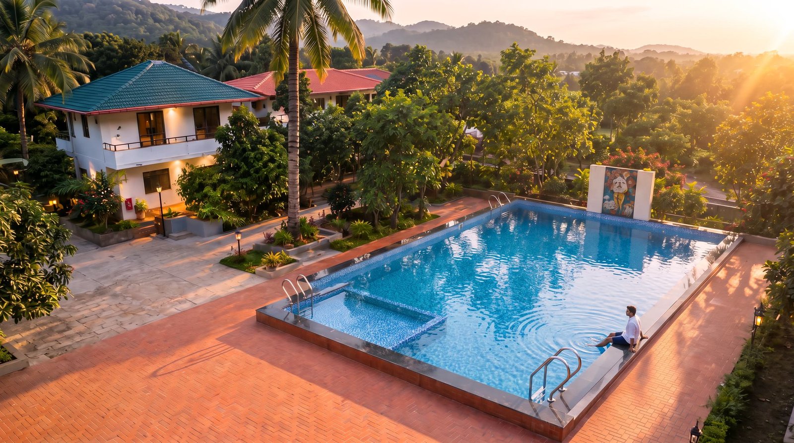 Benaka By The Hills from above at sunset: the pool, the tiled mural beside it, and the house under its green tiled roof against the Kodagu hills